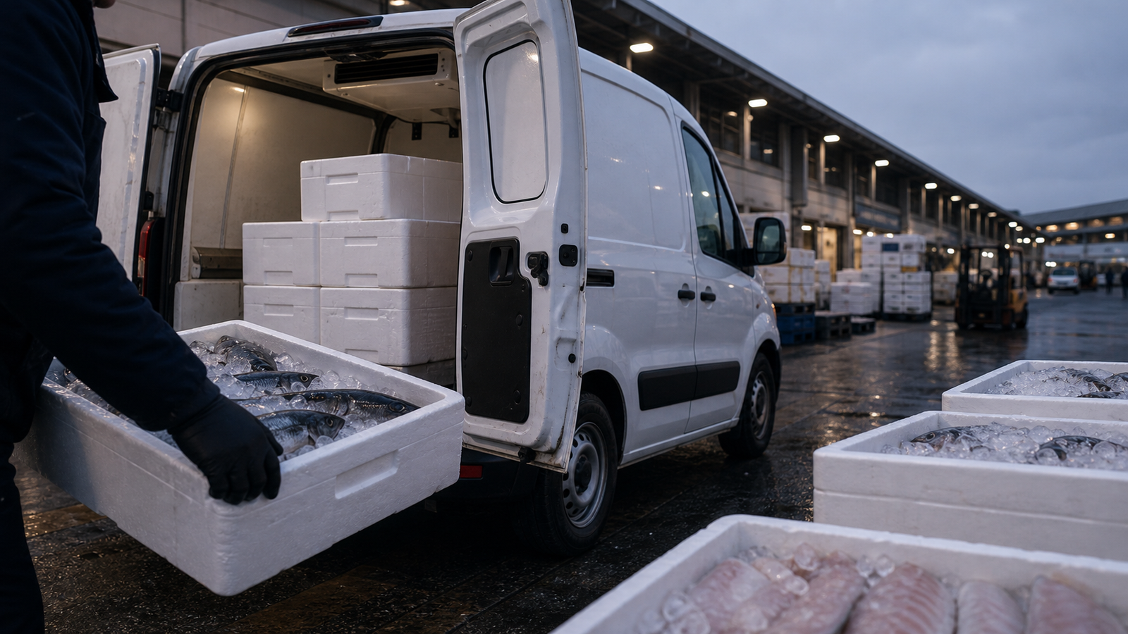 Chargement de caisses de poissons a Rungis